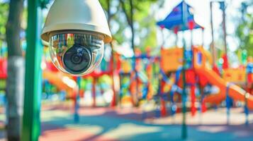 cCTV stängd krets kamera, TV övervakning på dagis skola lekplats utomhus- för unge barn, säkerhet systemet. foto