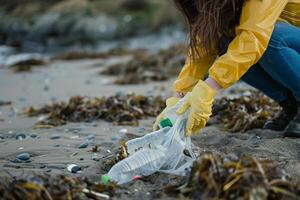 kvinna i sudd handskar plockning plast flaskor på de strand. foto