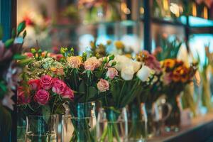 skön buketter av annorlunda blommor i en glas vaser i en blomma affär. suddig blomma affär i en bakgrund. foto