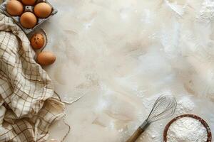 bakgrund för bakning. mjöl, ägg, vispa på en ljus beige pastell bakgrund. foto