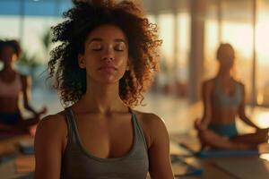 ung kvinnor Sammanträde och mediterar med ögon stängd. suddig yoga studio på bakgrund. foto