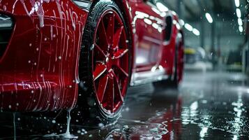 högt tryck tvättning av röd bil hjul. självbetjäning bil tvättning. foto