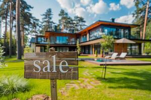 trä- tecken med text försäljning. modern stor hus på suddig bakgrund i en solig dag. foto