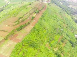 antenn se av topp cikancung kulle, Indonesien. landskap av en grön kulle med plantager. jordbruks fält. ovan. jordbruks industri. skott från en Drönare flygande 100 meter foto