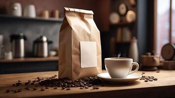 hantverkare rostad kaffe bönor i miljövänlig papper förpackning med nyligen bryggt kopp på trä- tabell foto