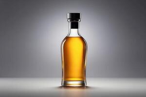 en flaska av whisky på en tabell med en mörk bakgrund foto
