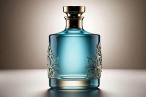 elegant ljus blå glas parfym flaska med polerad keps - en Rör av raffinemang för doft branding foto