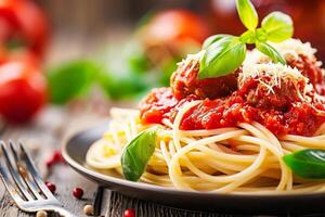 spaghetti toppade med rik tomat sås och köttbullar foto