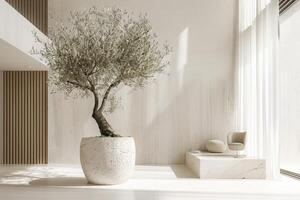 ristade oliv träd visas i eleganta marmor kastruller foto
