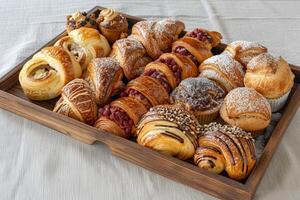 bricka av blandad bakverk Inklusive croissanter, muffins och danskar foto