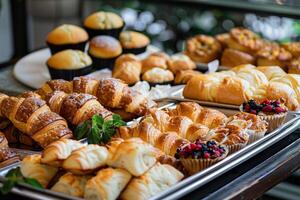 bricka av blandad bakverk Inklusive croissanter, muffins och danskar foto