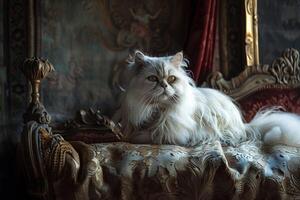 en kunglig persisk katt Sammanträde atop en vadderat tron, dess lyxig päls cascading i mild vågor runt om dess kropp foto