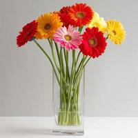 ett elegant glas vas med kluster av livlig gerbera blommor. foto