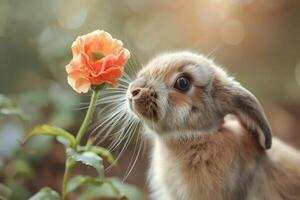 en holland lop kanin med lång polisonger ryckningar, sniffa en blomma foto