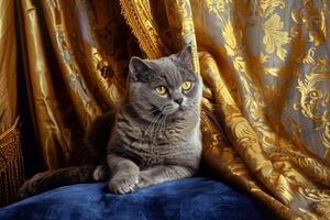 en majestätisk skott vika ihop katt Sammanträde kungligt på en sammet prydnadskudde, dess vikta öron ger den ett luft av elegant charm foto