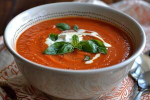 krämig tomat basilika soppa foto