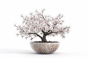 en blomning körsbär träd planterade i ett elegant porslin pott. foto