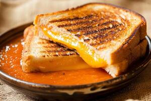 värma grillad ost smörgås med smält Cheddarost och tomat soppa foto