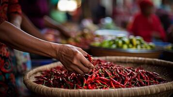 röd varm chili i de vegetabiliska marknadsföra foto