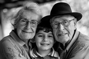 porträtt av Lycklig farföräldrar med deras barnbarn. foto