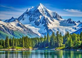 ikoniska snötäckt berg ovan vintergröna träd, glaciär bukt nationell parkera, alaska foto