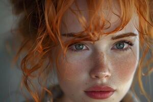 närbild av kvinna med röd hår. generativ-ai foto