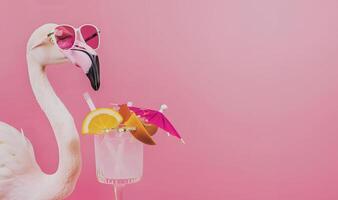 flamingo med solglasögon och cocktail. generativ-ai foto