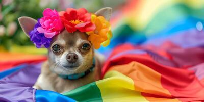 modern chihuahua sällskapsdjur hund i stolthet parad. begrepp av lgbtq stolthet. foto