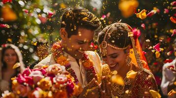 indisk brud och brudgum på Fantastisk hindu bröllop ceremoni. foto