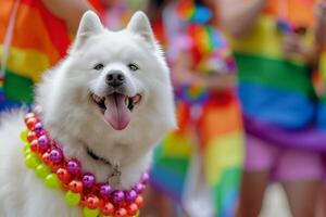 modern samojed sällskapsdjur hund i stolthet parad. begrepp av lgbtq stolthet. foto