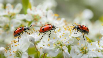 tre Nyckelpigor på de skön blomma foto