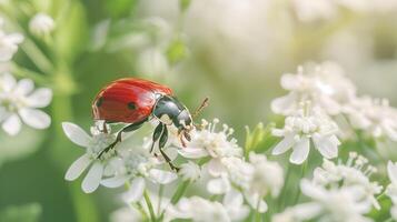 söt nyckelpiga på de skön blomma foto