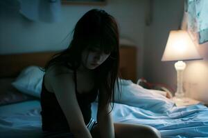 asiatisk flicka känsla ledsen och ensam i de sovrum under dämpa ljus foto