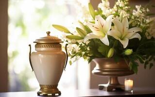 solbelyst minnesmärke - begravning urna och vit liljor bukett foto