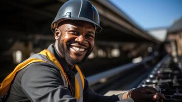 glad industriell arbetstagare på fabrik - man i enhetlig och hård hatt foto