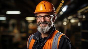 industriell arbetstagare i enhetlig - leende man på produktion webbplats foto
