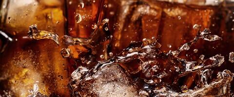 cola soda och is stänk gnistrande eller flytande upp till topp av yta foto