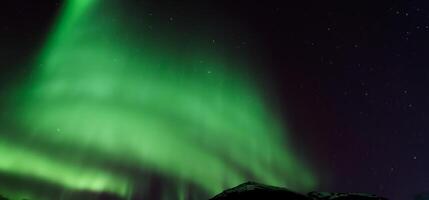 aurora australis eller aurora borealis eller grön nordlig lampor himmel ovan berg. foto