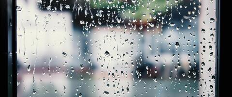 regn släppa på fönster glas av kaffe affär och suddigt stad liv bakgrund. regnig säsong och suddigt människor stad dag liv eller bokeh natt lampor utanför fönster. kaffe affär fönster täckt med regn vatten foto