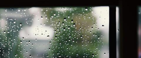 regn släppa på fönster glas av kaffe affär och suddigt stad liv bakgrund. regnig säsong och suddigt människor stad dag liv eller bokeh natt lampor utanför fönster. kaffe affär fönster täckt med regn vatten foto