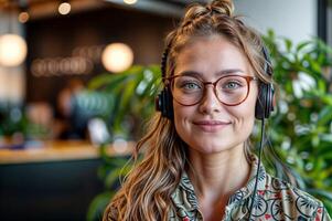 kund service kvinna med headsetet tillhandahålla ring upp Centrum Stöd foto