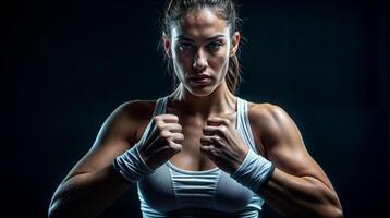atletisk kvinna boxare med en fast besluten blick ställer ut styrka och förtroende i sportkläder foto