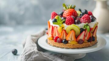 färgrik fruktkaka med jordgubbar, hallon, kiwi, blåbär, vispad grädde och mynta garnering foto