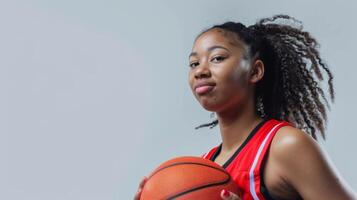 självsäker kvinna basketboll spelare innehav en boll och klädd i sportig röd jersey utställningar atletik och bestämning foto