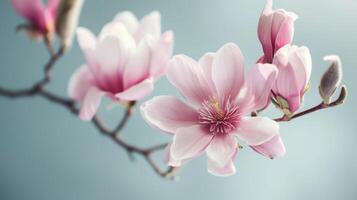 delikat rosa magnolia blommor i blomma under vår med mjukt fokus bakgrund och detaljerad kronblad foto