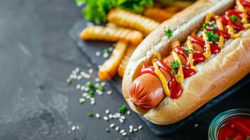 närbild av en utsökt varmkorv med senap, ketchup, sesam bulle, grillad korv och garnering foto