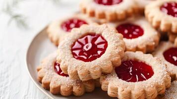 utsökt linzer småkakor med ljuv sylt och sockerdammad bakverk för en traditionell behandla foto