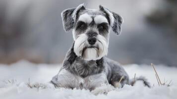 miniatyr- schnauzer hund sällskapsdjur i snö, visa upp en vinter- djur- porträtt med söt svart och vit päls foto