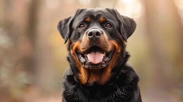 närbild porträtt av en vänlig rottweiler hund med bokeh bakgrund i natur foto