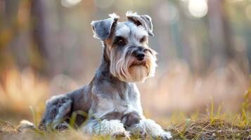 miniatyr- schnauzer hund porträtt med naturlig bokeh bakgrund visning lugna och söt hund funktioner foto